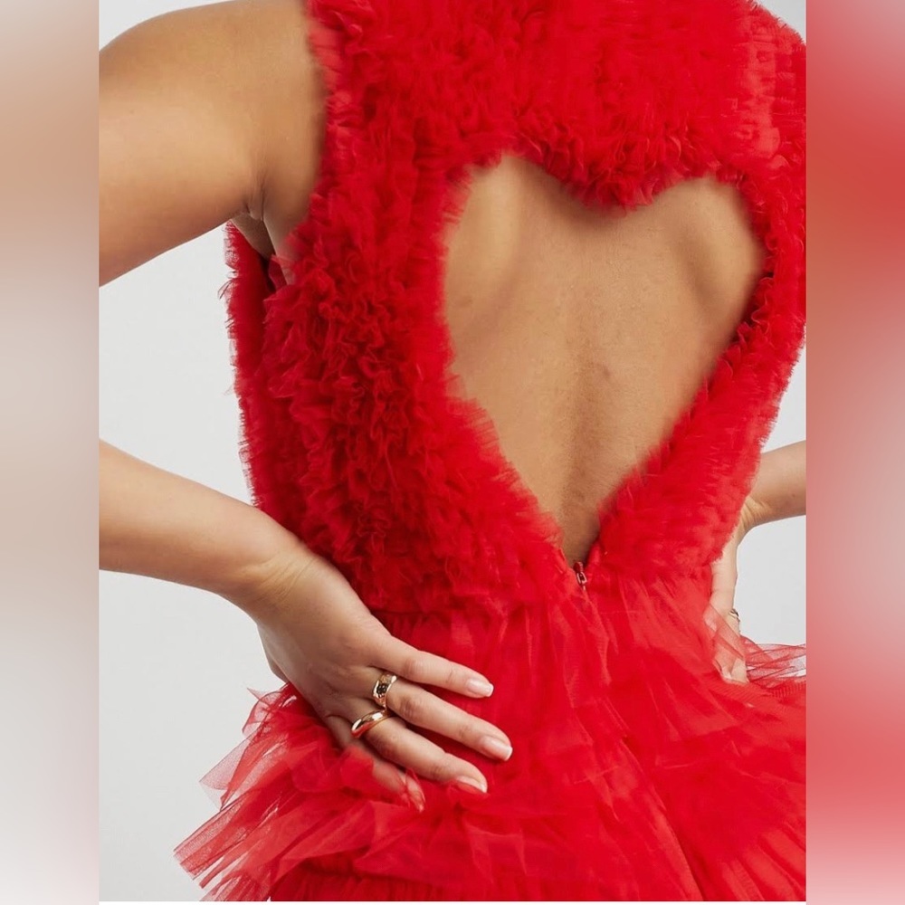 UK Based-Lace & Beads heart cut-out back tulle mini dress in red,Size M-LIKE NEW - Picture 4 of 4